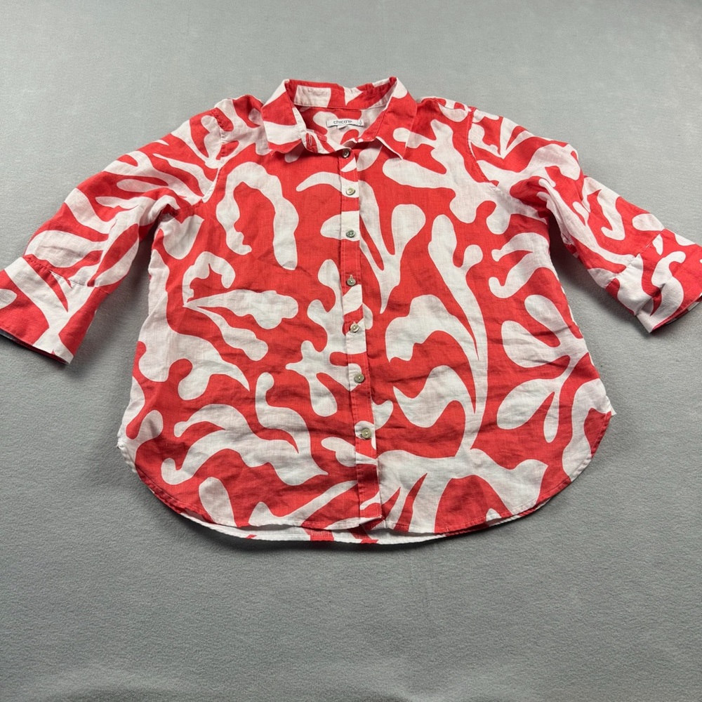 CHICO'S Abstract 100% Linen Shirt Top Size 2 Large Red White Beach Vacation